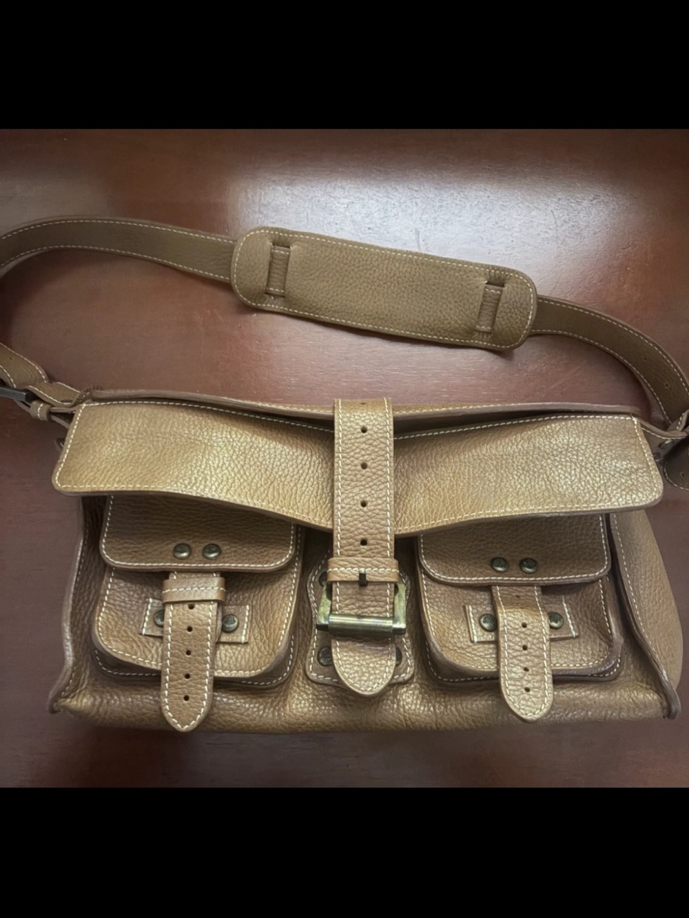 Mulberry Brown Leather Messenger Bag with Front Buckle Pockets